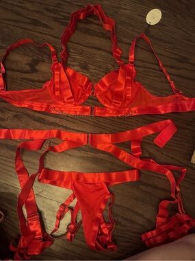 Sexy Red Satin Strappy Lingerie Set - Women Intimates & Sleepwear
